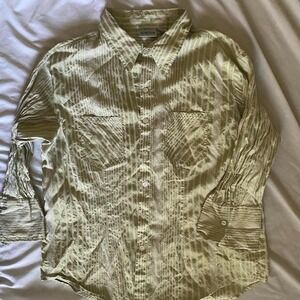 Chico's Button Up Shirt Green Striped Silk Blend Crinkle 3/4 Sleeve Size L